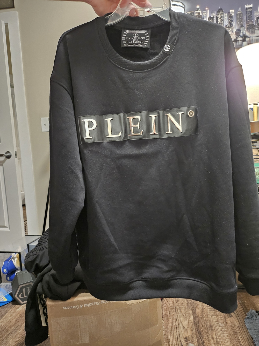 Philipp Plein Black Crewneck Sweatshirt with Signature PLEIN Panel